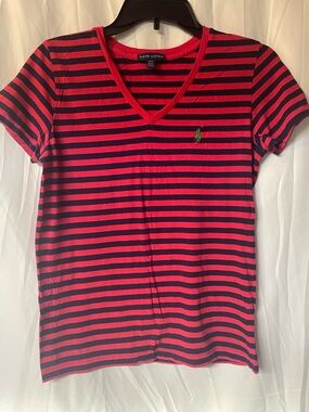 Ralph Lauren Red and Navy Striped V-Neck Tee